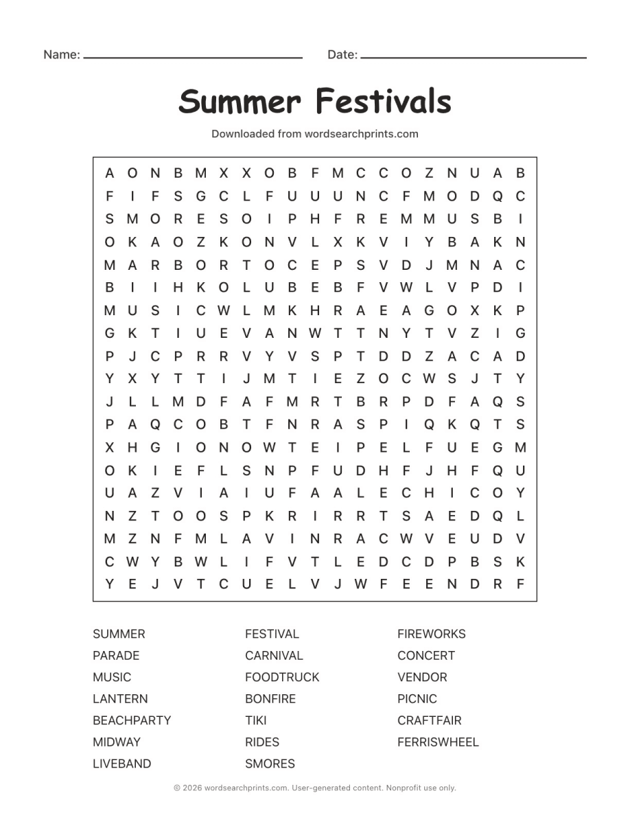 Summer Festivals Word Search printable worksheet preview