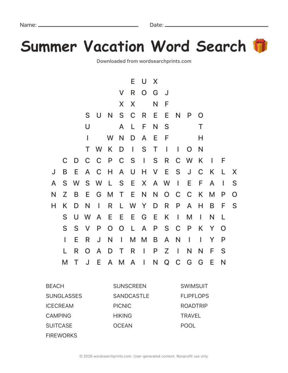 Summer Vacation Word Search printable worksheet preview