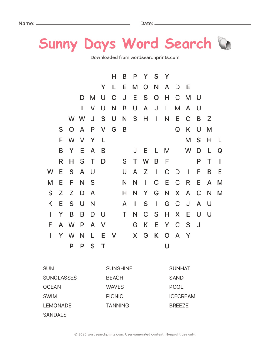 Sunny Days Word Search printable worksheet preview