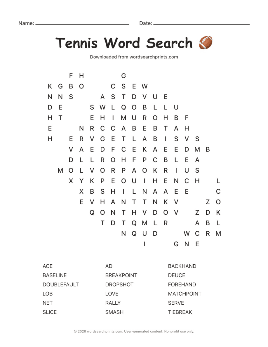 Tennis Word Search printable worksheet preview