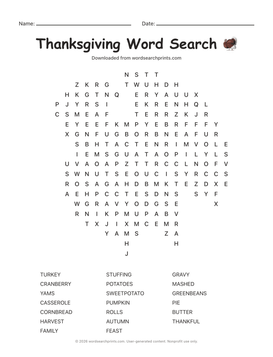 Thanksgiving Word Search printable worksheet preview