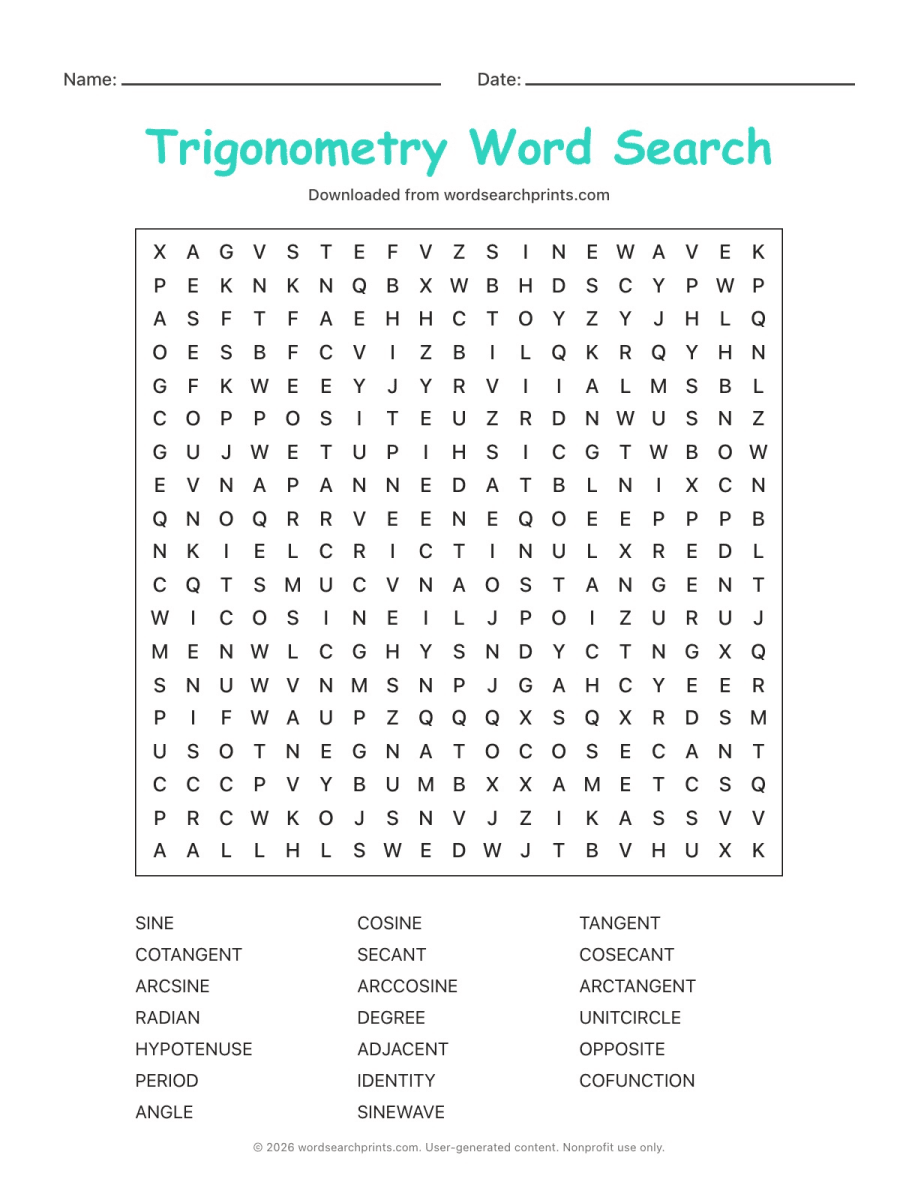 Trigonometry Word Search printable worksheet preview
