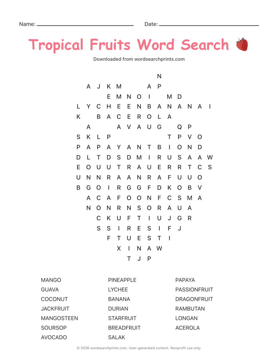 Tropical Fruits Word Search printable worksheet preview