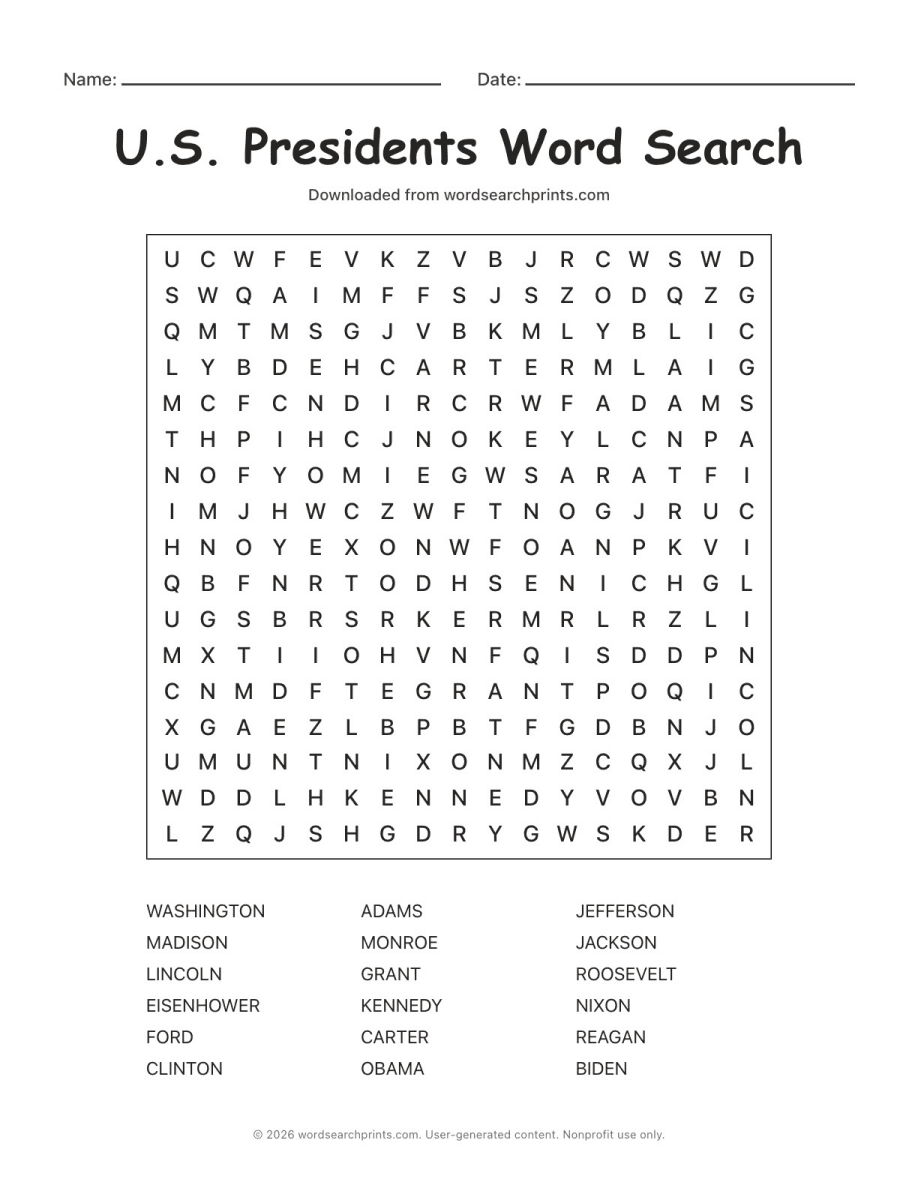 U.S. Presidents Word Search printable worksheet preview
