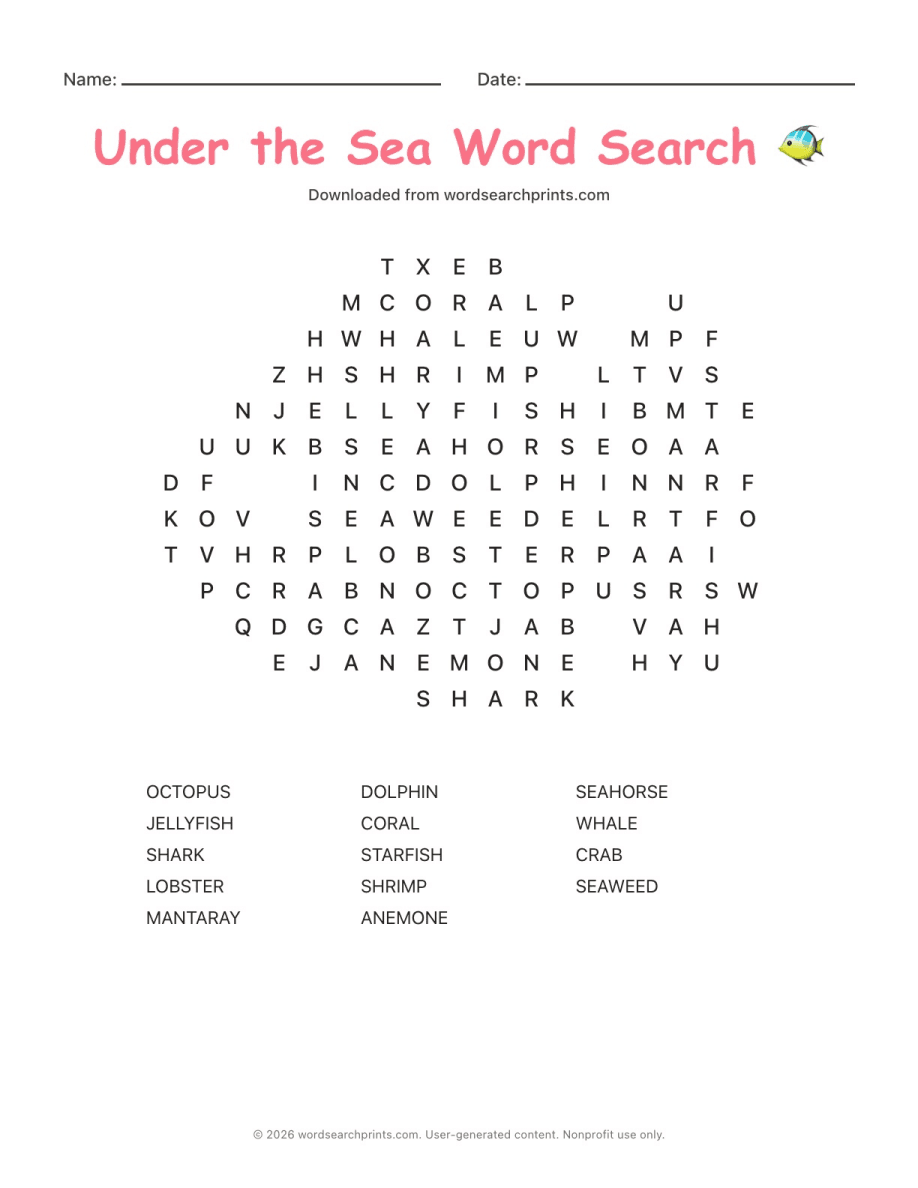 Under the Sea Word Search printable worksheet preview