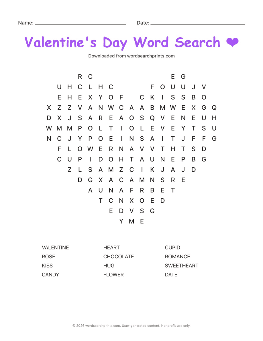 Valentine's Day Word Search printable worksheet preview