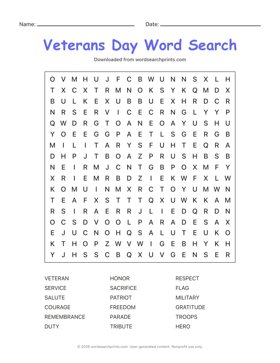 Veterans Day Word Search printable worksheet preview