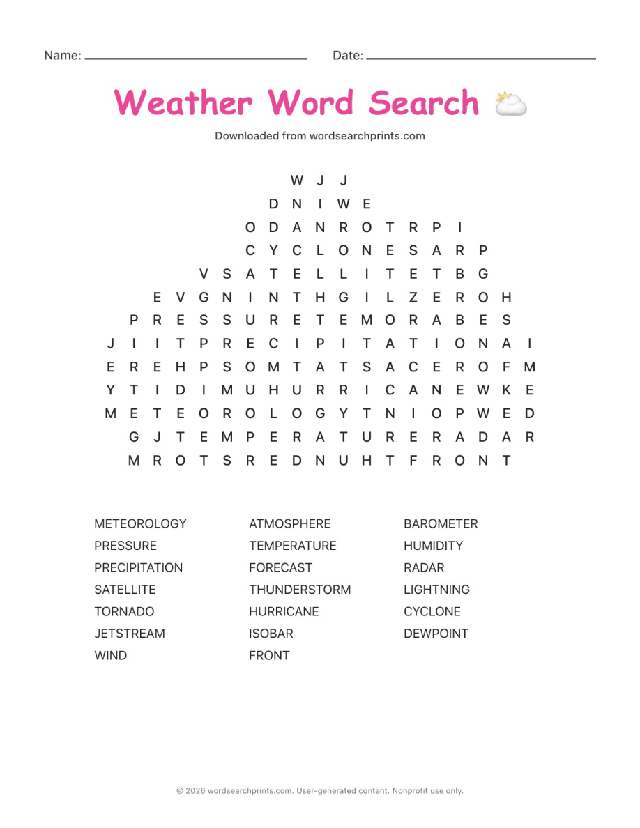 Weather Word Search printable worksheet preview