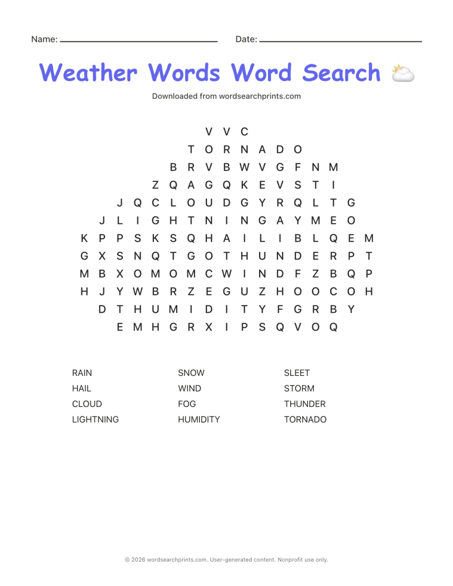 Weather Words Word Search printable worksheet preview