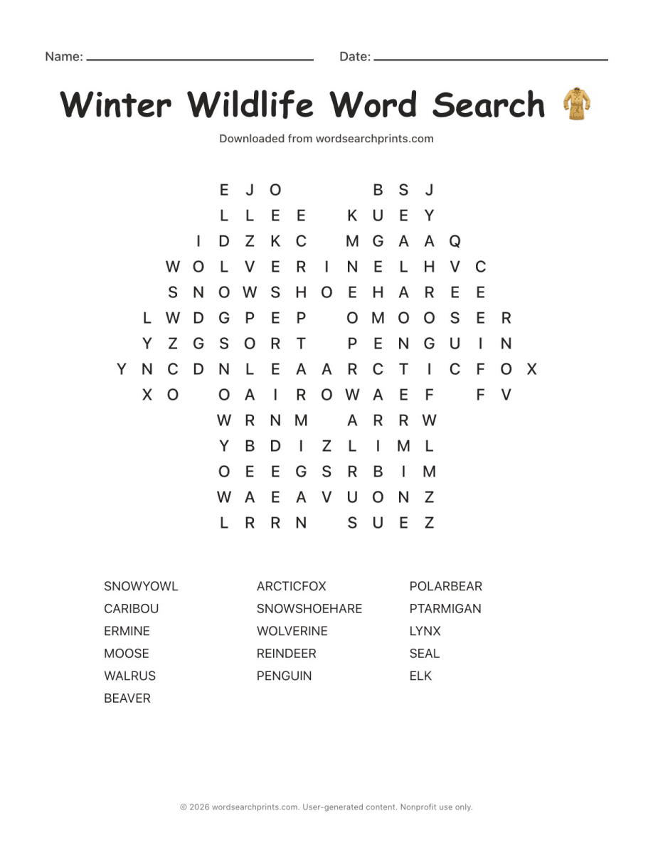Winter Wildlife Word Search printable worksheet preview