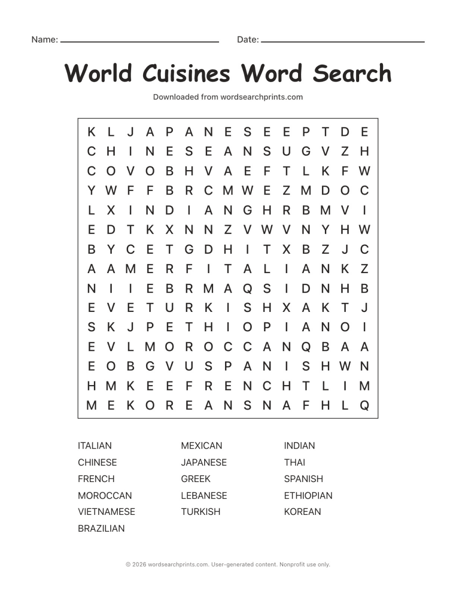 World Cuisines Word Search printable worksheet preview
