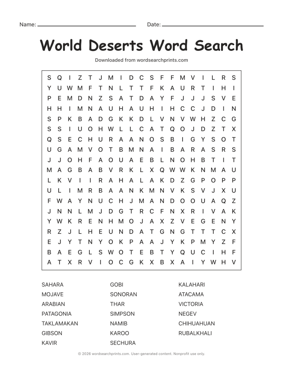 World Deserts Word Search printable worksheet preview