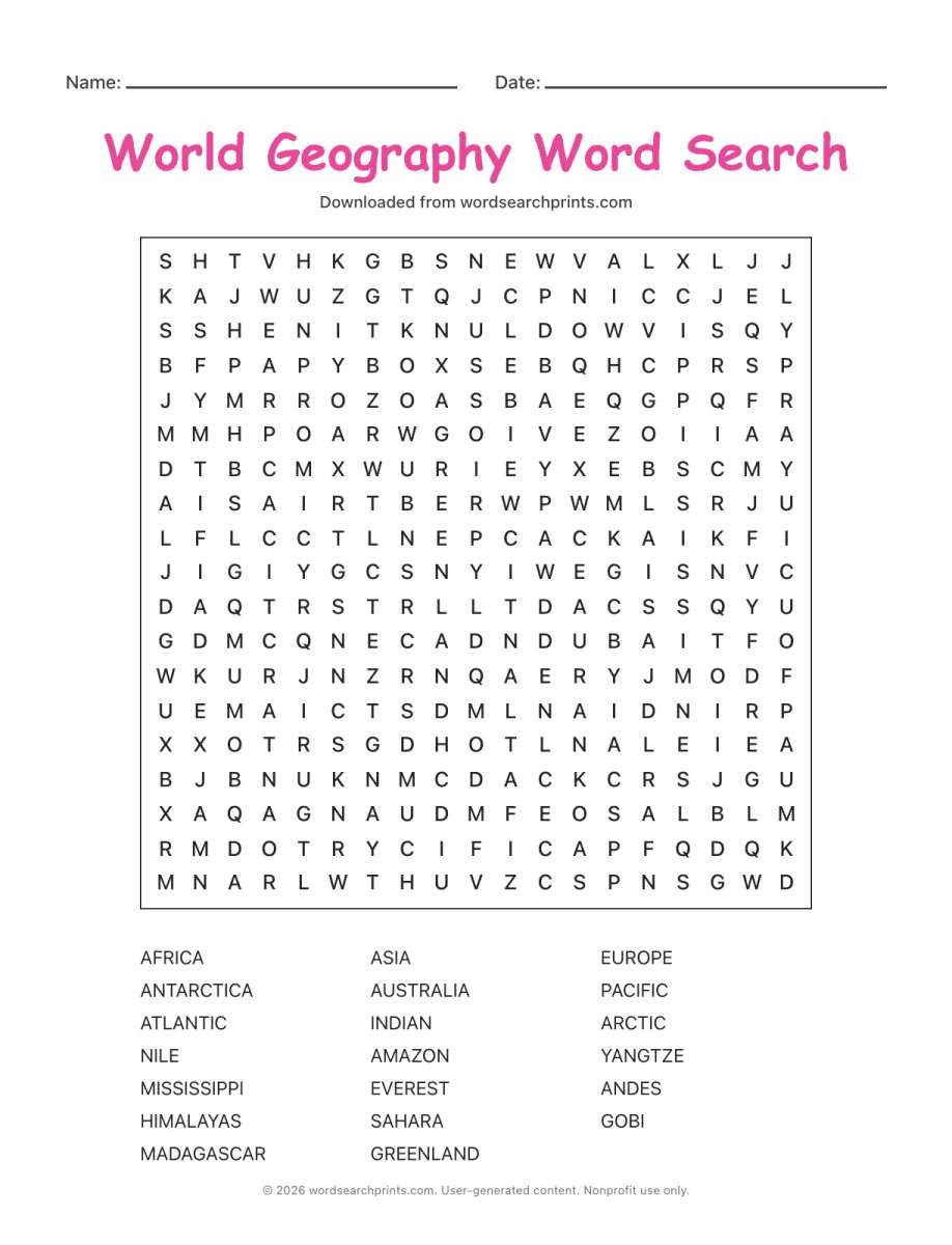 World Geography Word Search printable worksheet preview