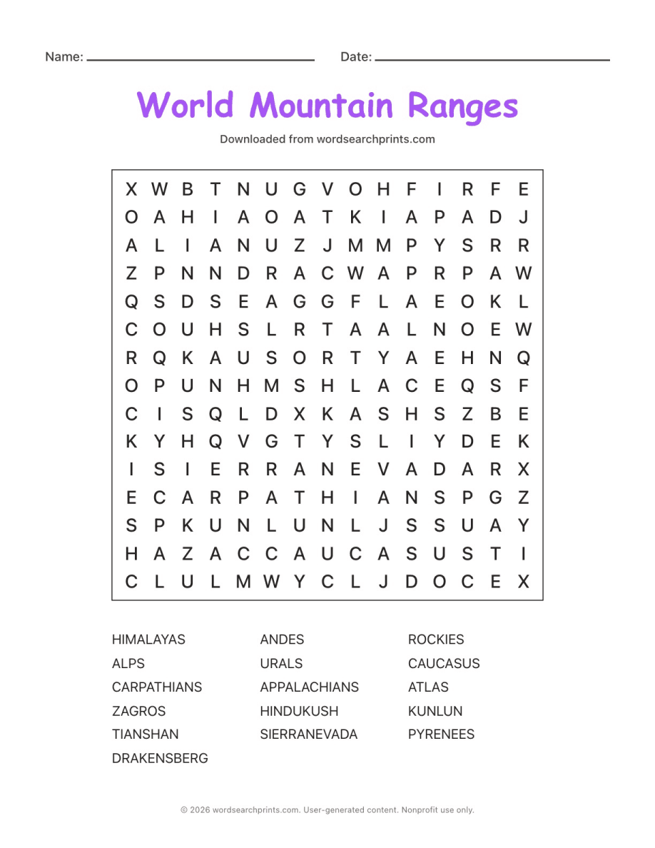 World Mountain Ranges Word Search printable worksheet preview