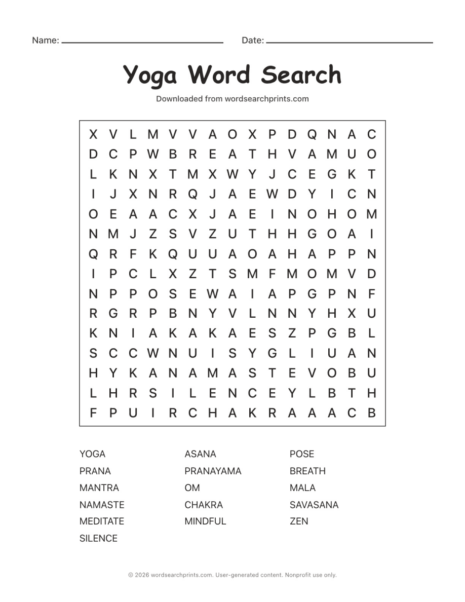 Yoga Word Search printable worksheet preview