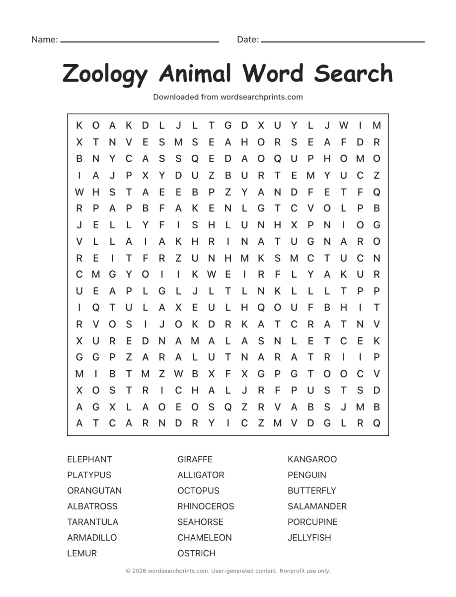 Zoology Animal Word Search printable worksheet preview