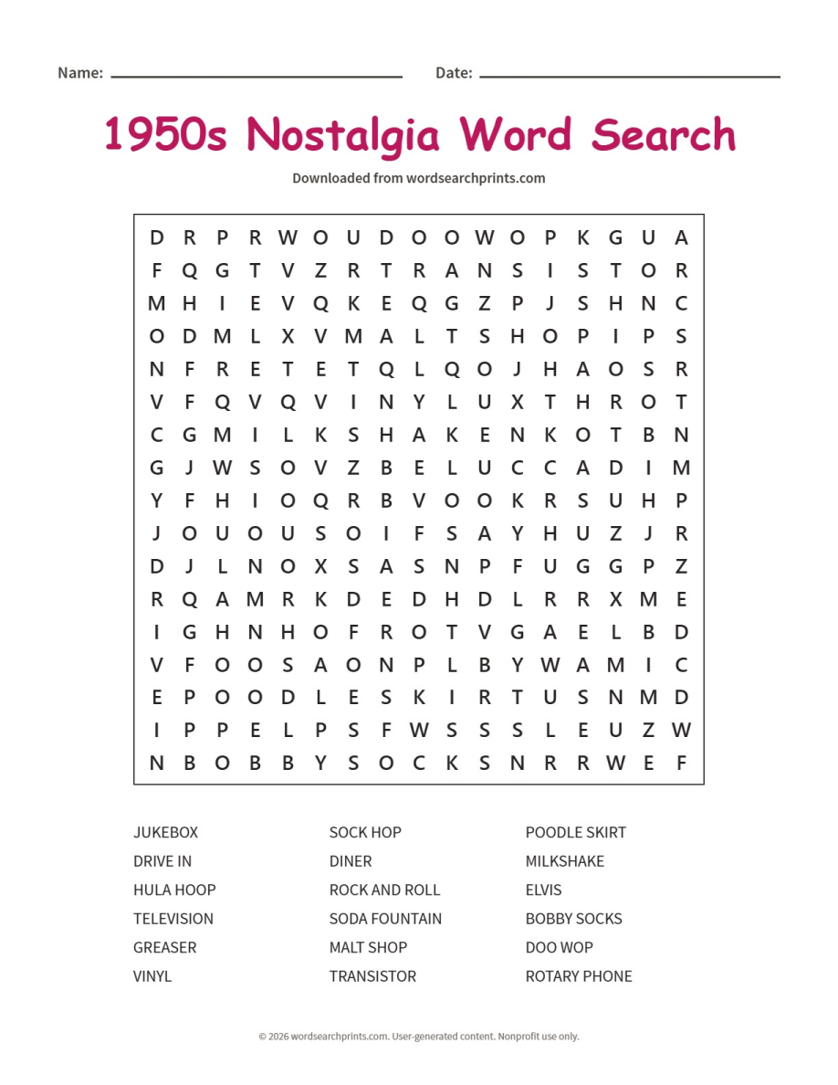 1950s Nostalgia Word Search