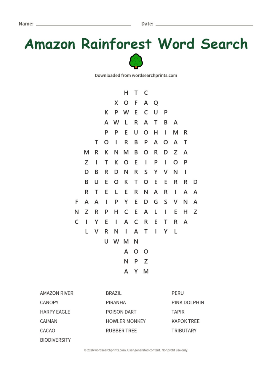 Amazon Rainforest Word Search