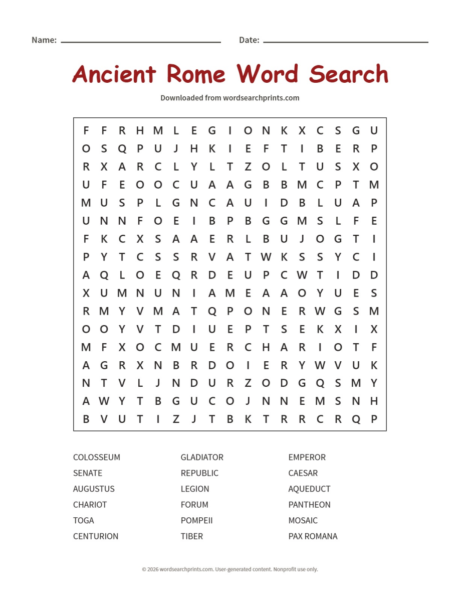 Ancient Rome Word Search printable worksheet preview