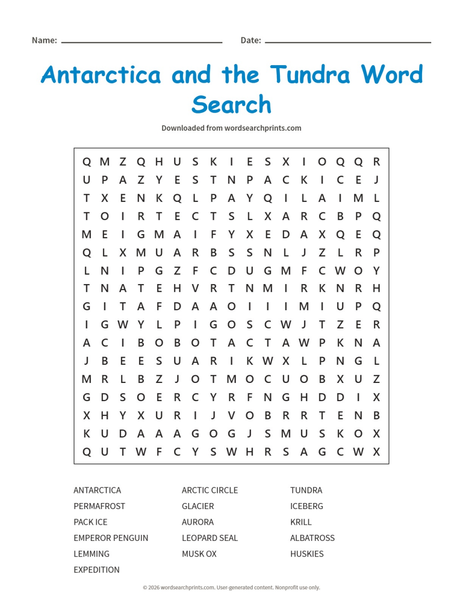 Antarctica and the Tundra Word Search