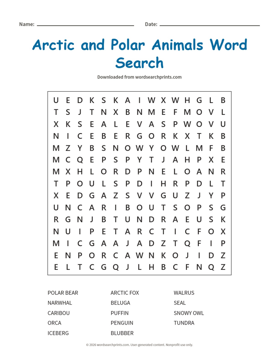 Arctic and Polar Animals Word Search