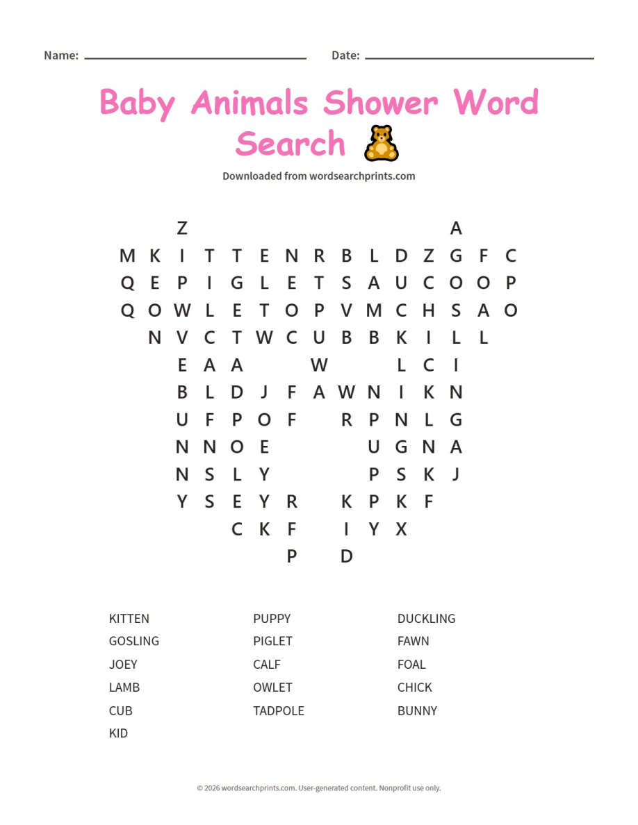 Baby Animals Shower Word Search