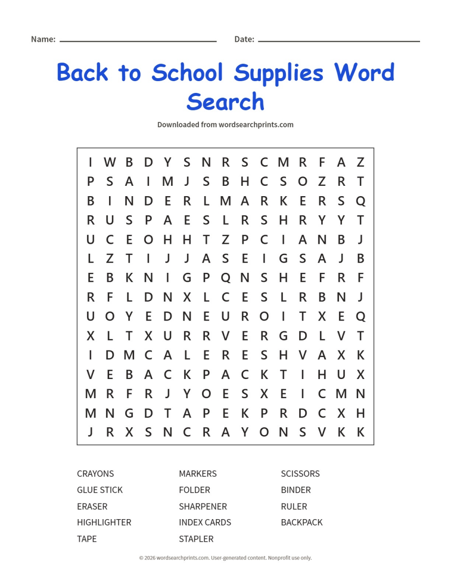 Back to School Supplies Word Search