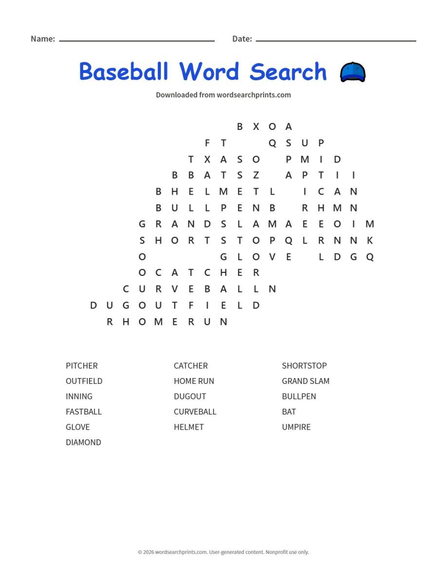 Baseball Word Search printable worksheet preview