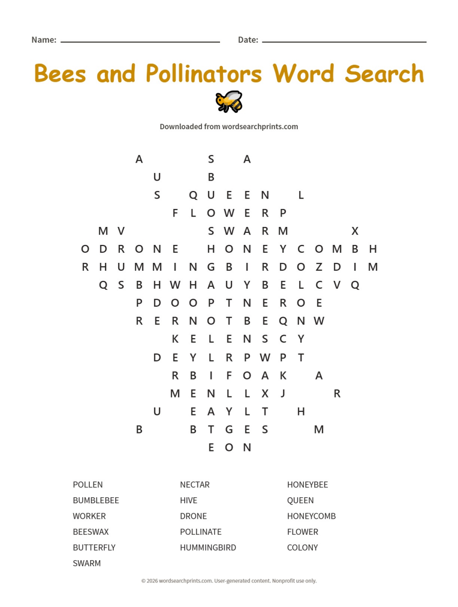 Bees and Pollinators Word Search