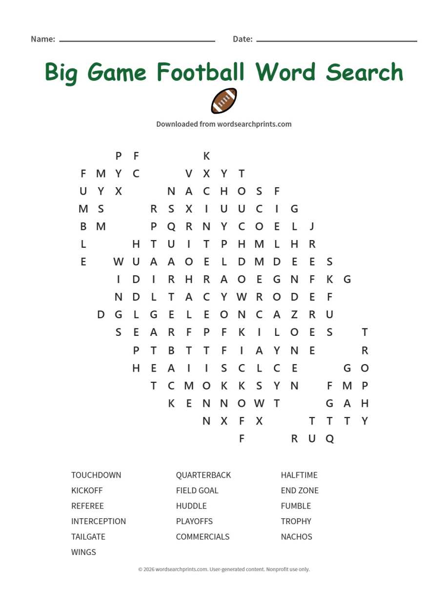 Big Game Football Word Search printable worksheet preview