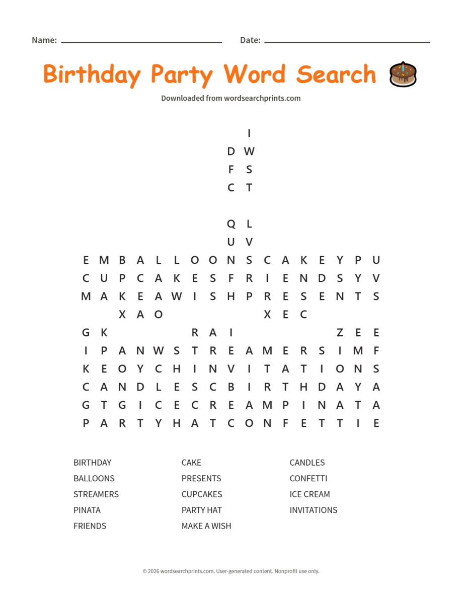 Birthday Party Word Search