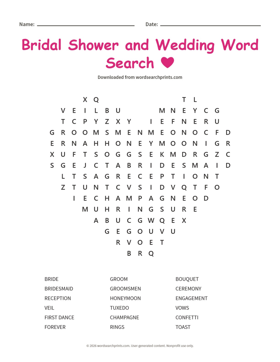 Bridal Shower and Wedding Word Search