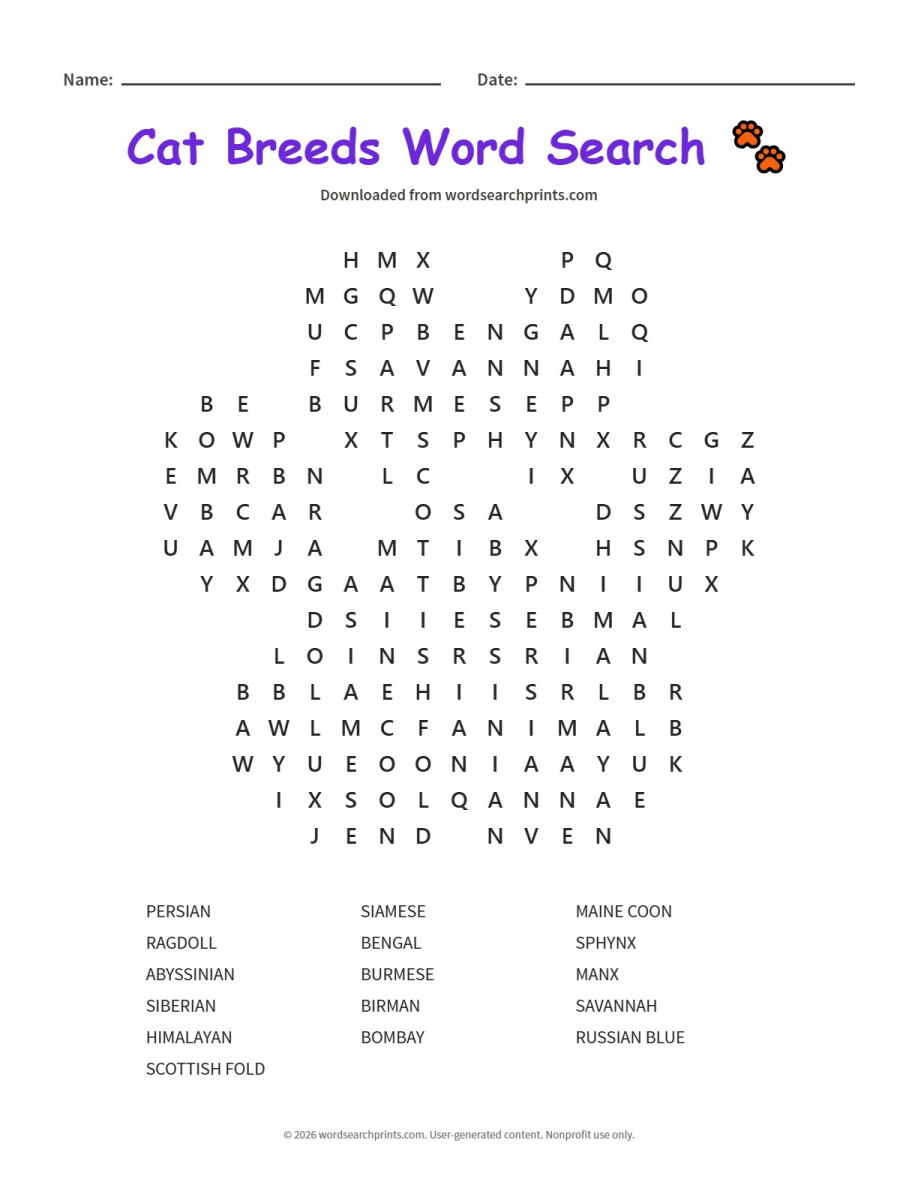 Cat Breeds Word Search