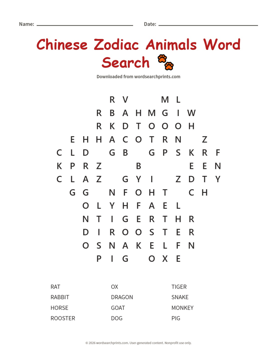 Chinese Zodiac Animals Word Search