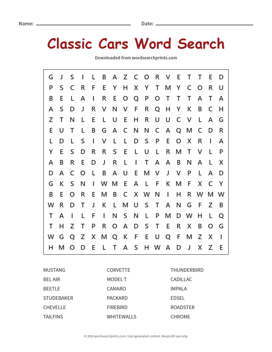Classic Cars Word Search