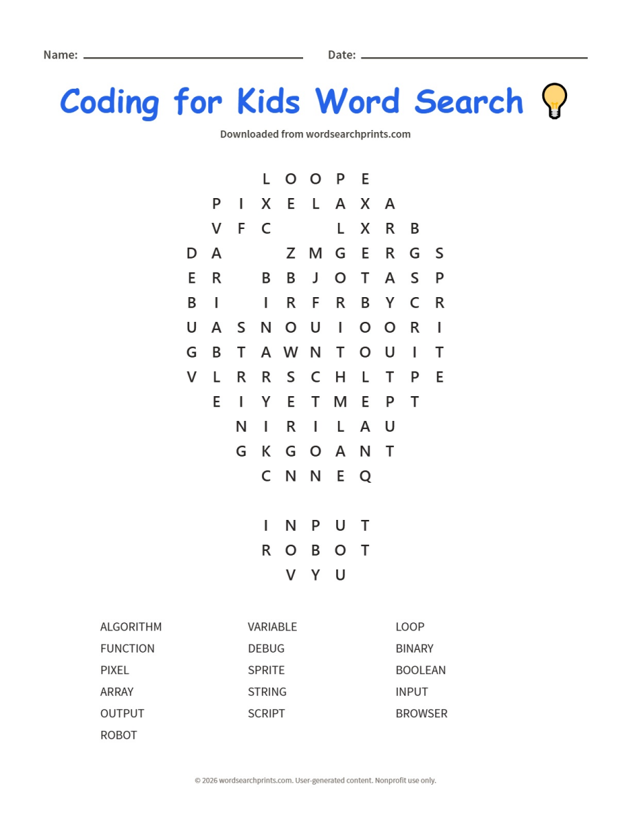 Coding for Kids Word Search printable worksheet preview