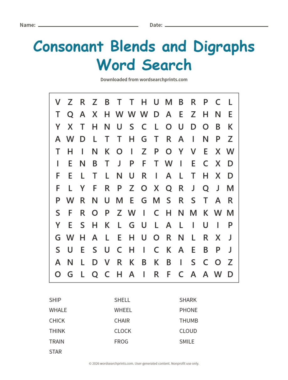 Consonant Blends and Digraphs Word Search