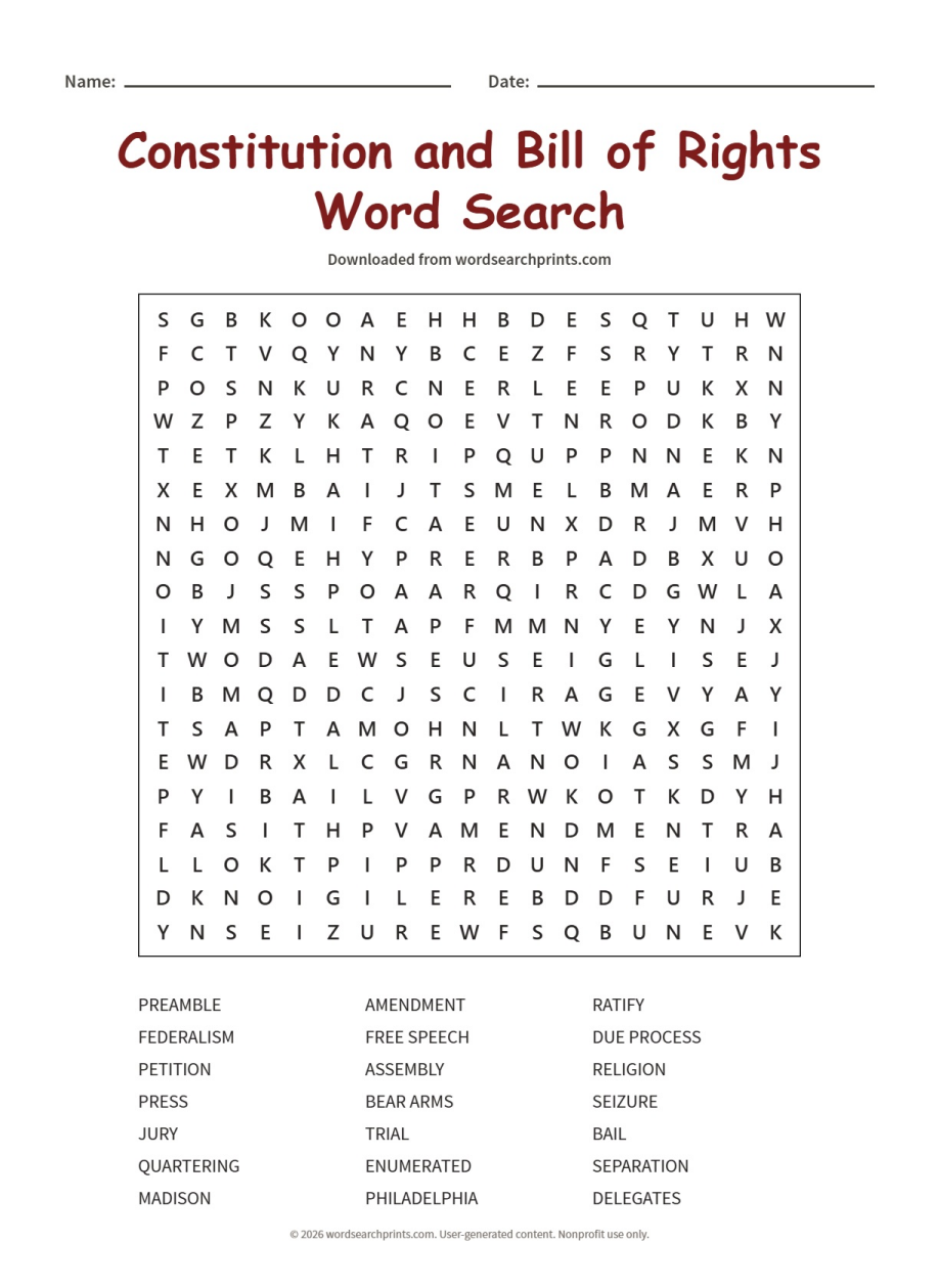 Constitution and Bill of Rights Word Search