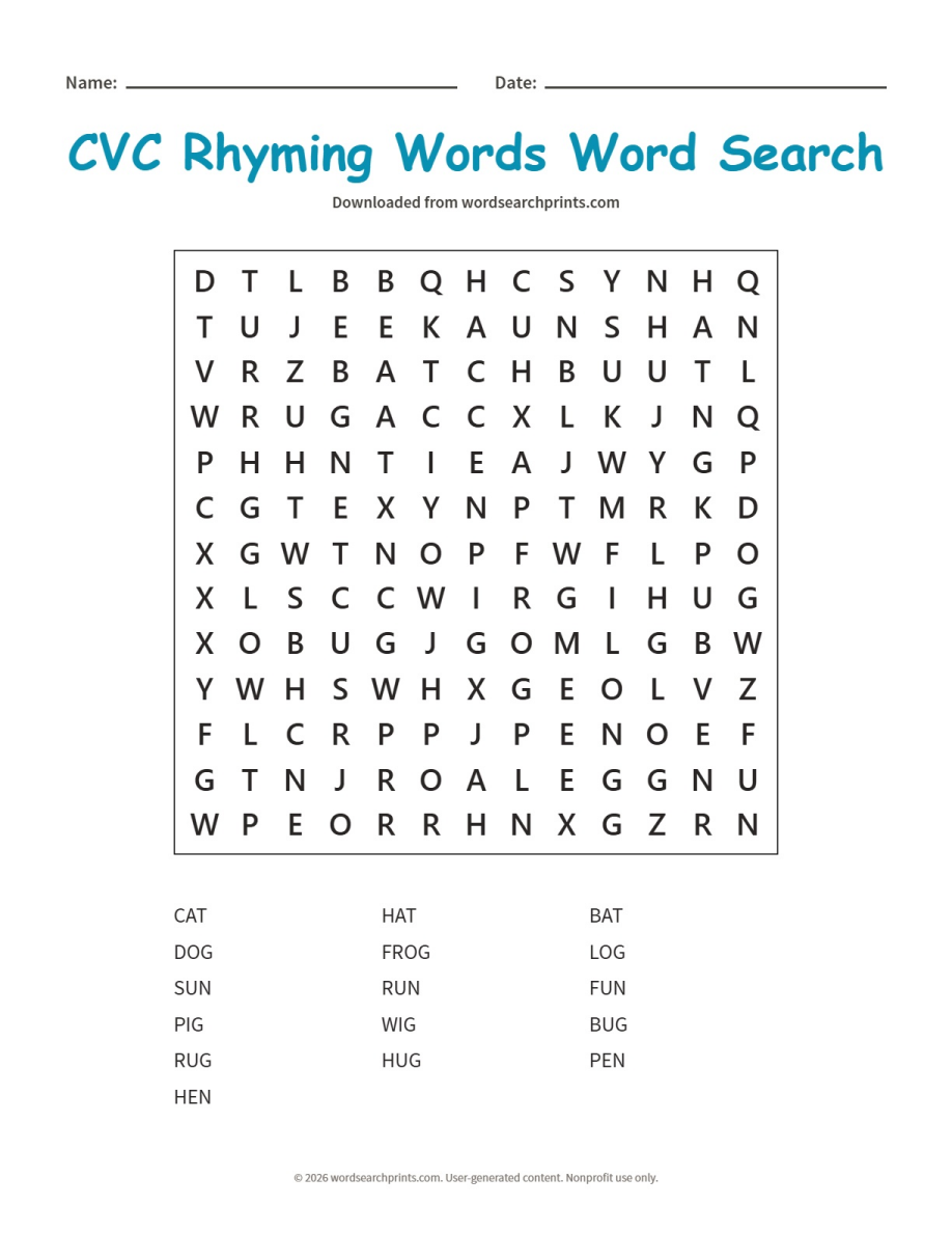 CVC Rhyming Words Word Search