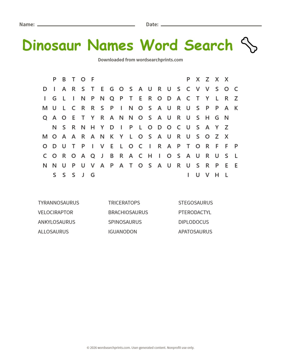 Dinosaur Names Word Search printable worksheet preview