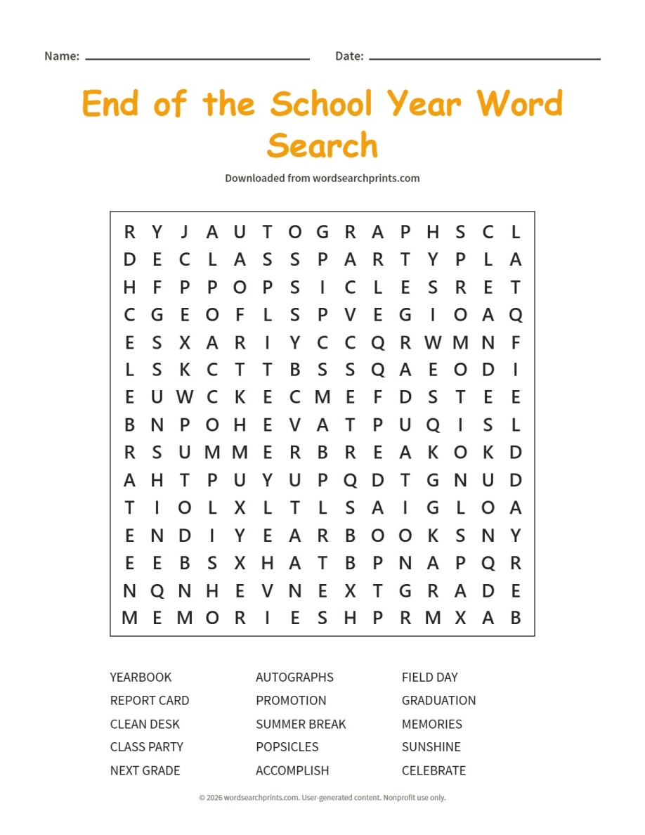 End of the School Year Word Search