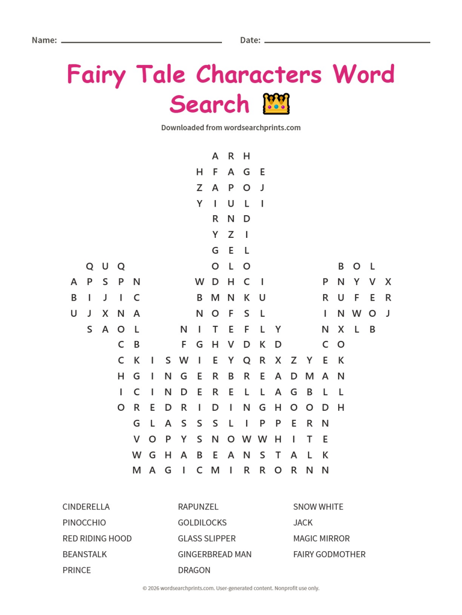 Fairy Tale Characters Word Search printable worksheet preview