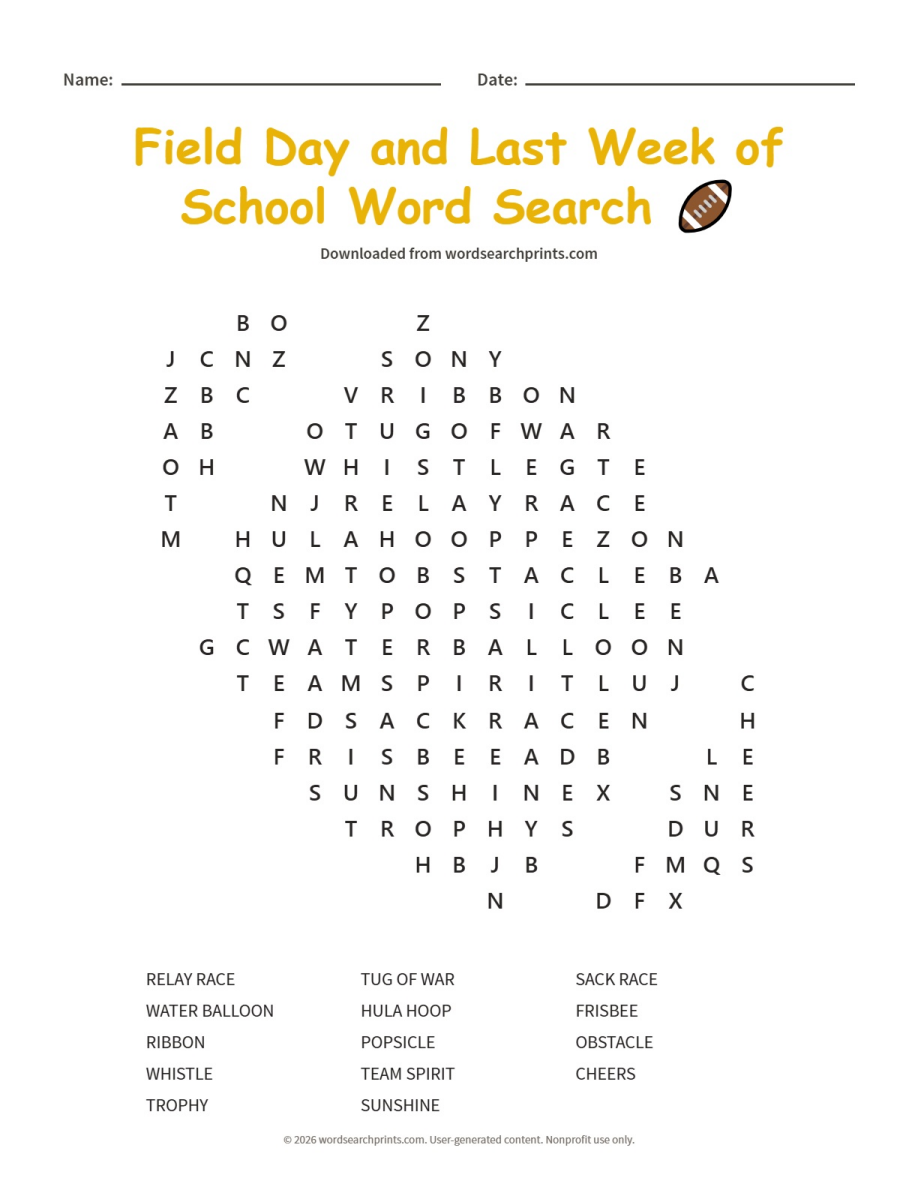 Field Day and Last Week of School Word Search