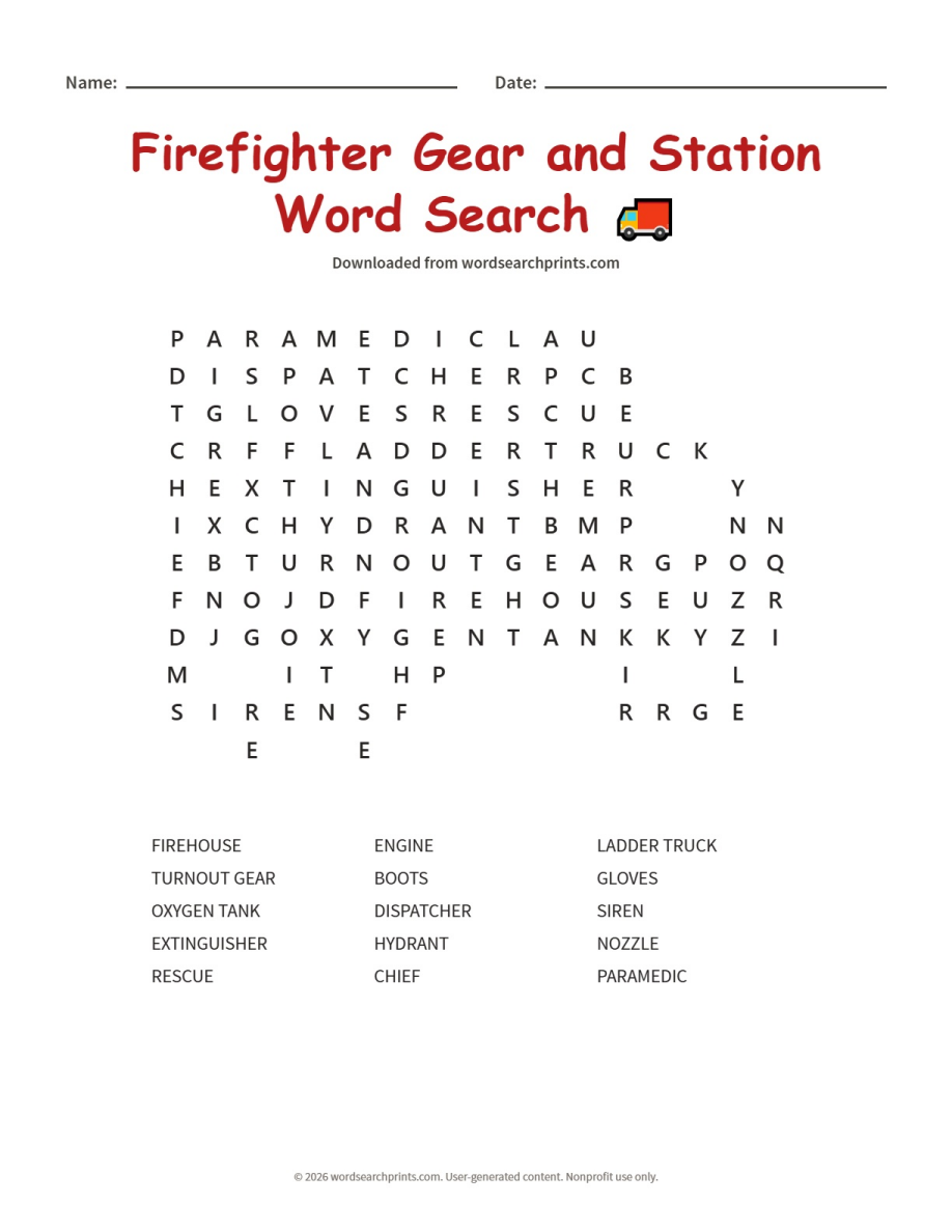 Firefighter Gear and Station Word Search