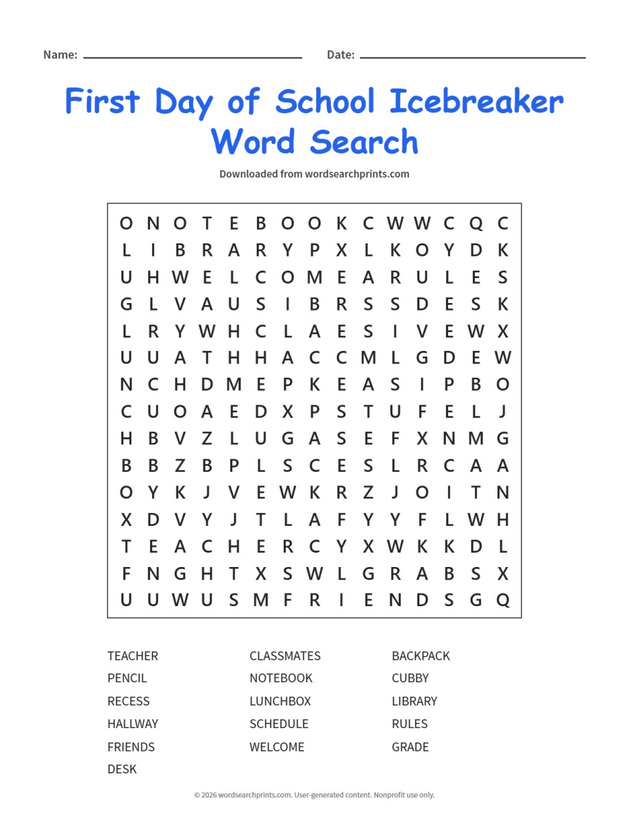 First Day of School Icebreaker Word Search