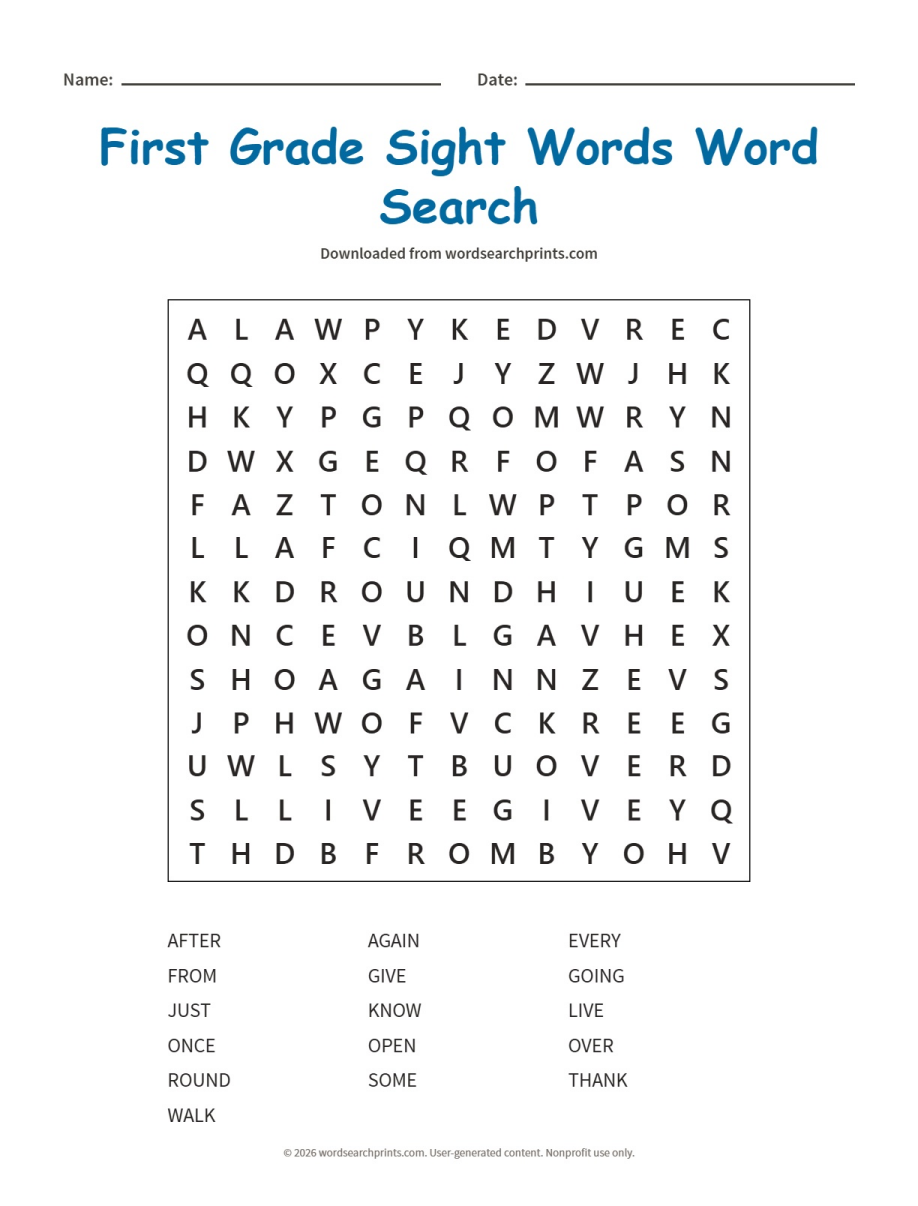 First Grade Sight Words Word Search