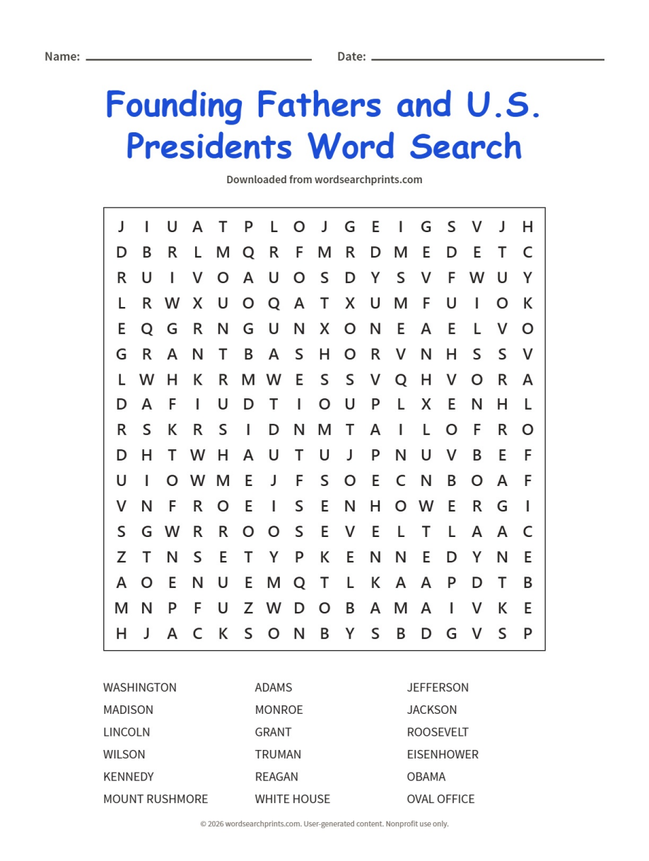 Founding Fathers and U.S. Presidents Word Search