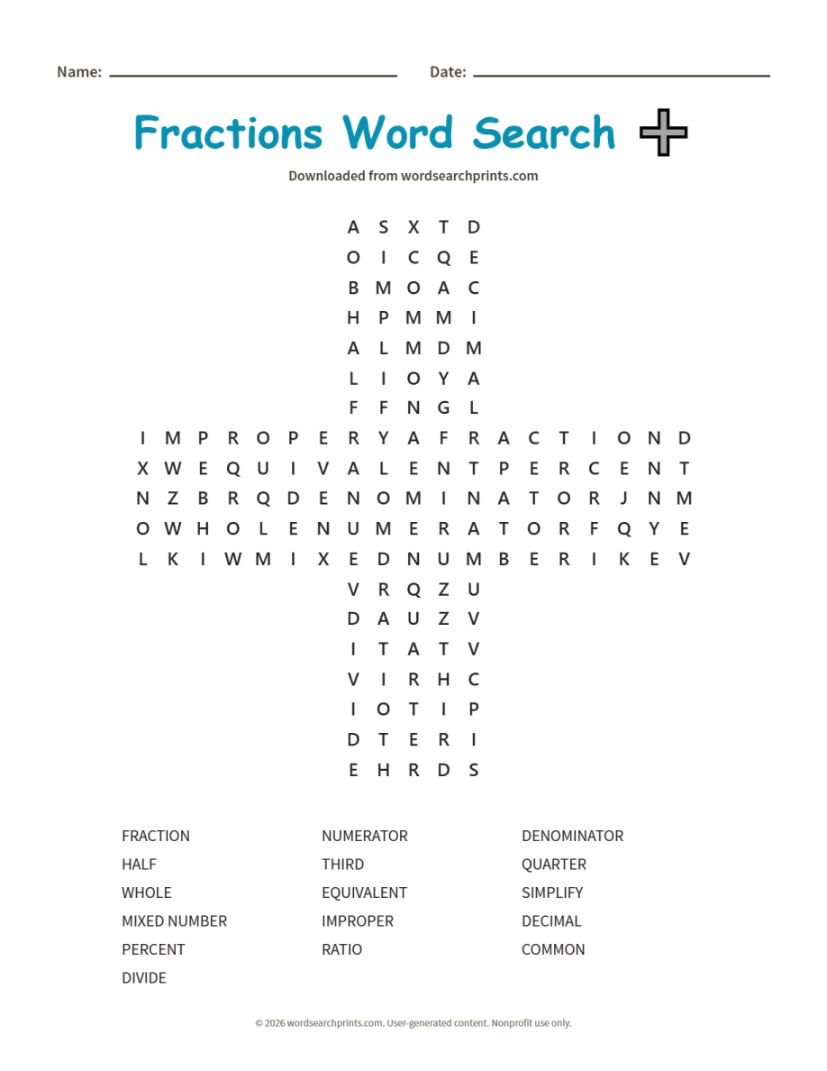 Fractions Word Search printable worksheet preview