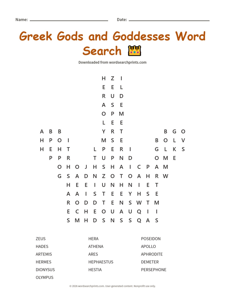 Greek Gods and Goddesses Word Search