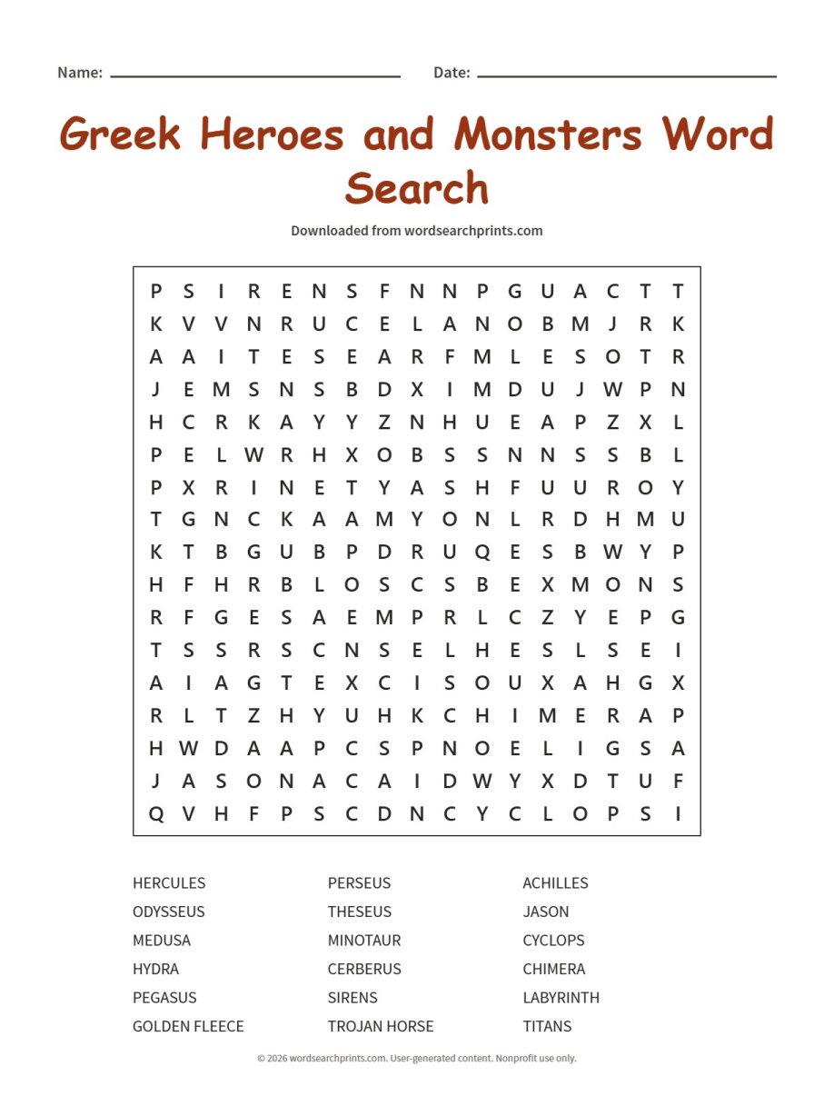 Greek Heroes and Monsters Word Search
